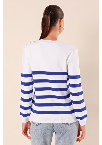 Kadın BDART Çizgili Akrilik Düz Yaka Kazak, Düğme Detayıyla Gök Mavisi indirimleri