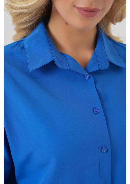 Kadın BDART Büyük Beden Düğmeli Uzun Kol Gömlek Blue