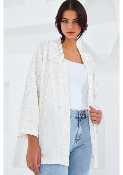 Kadın BDART Desenli Pompom Detaylı Şal Yaka Kimono Bej Doğal modelleri