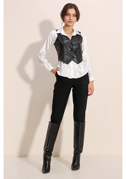 Kadın BDART V Yaka, Fitilli Suni Deri Yelek Black modelleri