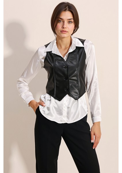 Kadın BDART V Yaka, Fitilli Suni Deri Yelek Black fırsatları