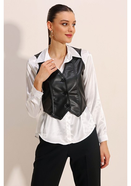 Kadın BDART V Yaka, Fitilli Suni Deri Yelek Black indirimleri