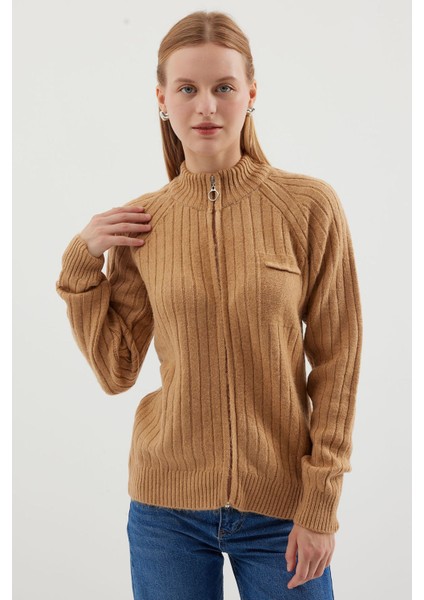 Kadın BDART Sıkı Örgü Ribaneli Fermuarlı Hırka Yulaf Ezmesi Doğal