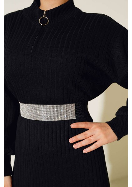 Kadın BDART Yüksek Yaka Ribanalı Triko Elbise Siyah fırsatları