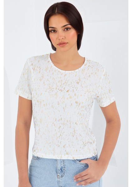 Kadın BDART Arka Baskılı Cropp Tişört Krem Doğal