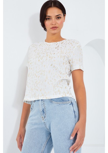 Kadın BDART Arka Baskılı Cropp Tişört Krem Doğal modelleri