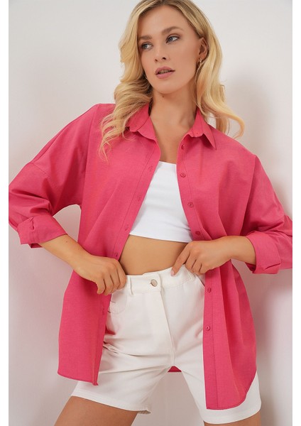 Kadın BDART Büyük Beden Düğmeli Uzun Kol Gömlek Pink