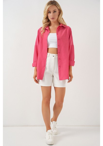 Kadın BDART Büyük Beden Düğmeli Uzun Kol Gömlek Pink