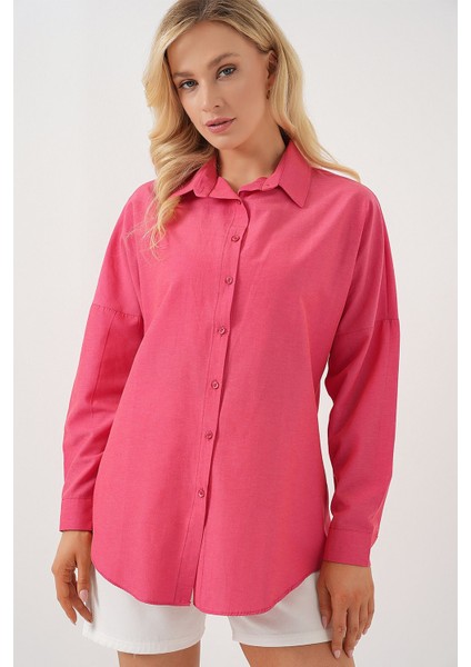 Kadın BDART Büyük Beden Düğmeli Uzun Kol Gömlek Pink