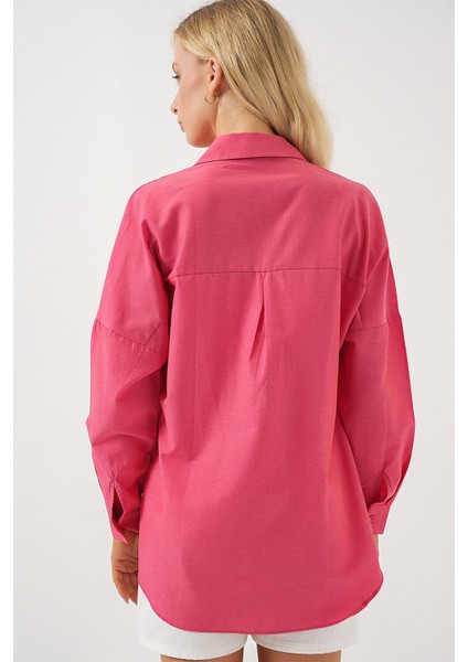 Kadın BDART Büyük Beden Düğmeli Uzun Kol Gömlek Pink