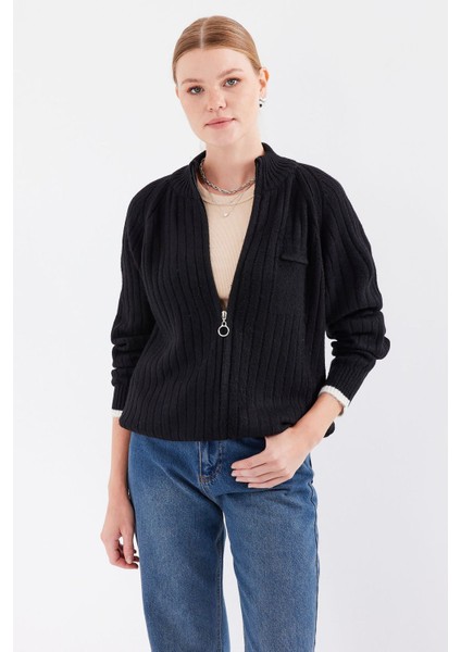 Kadın BDART Zipper Yaka Ribana Örme Kardigan Black modelleri