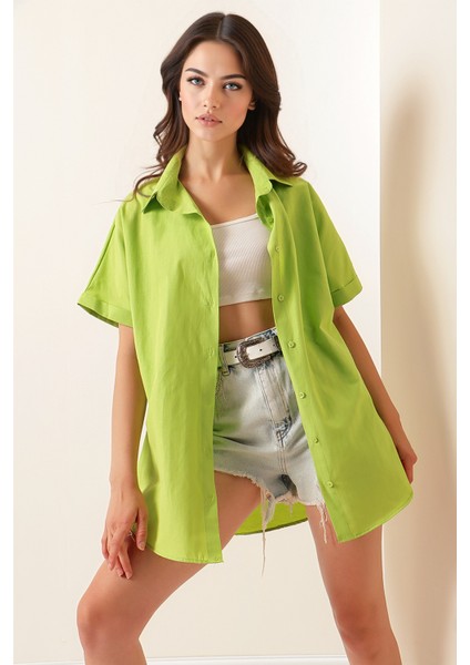 Kadın BDART Düğmeli Poplin Gömlek ve Yaka Yeşil