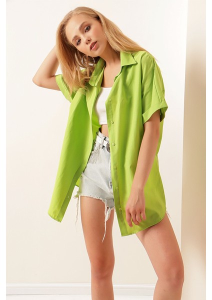 Kadın BDART Düğmeli Poplin Gömlek ve Yaka Yeşil modelleri
