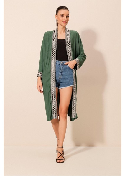 Kadın BDART Şal Yaka İşlemeli Uzun Kimono Green