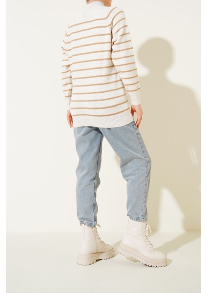 Kadın BDART Düğmeli Kapatma Detaylı Çizgili Örgü Kazak Deve Kahvesi indirimleri