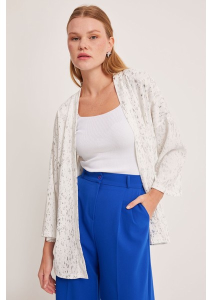 Kadın BDART Desenli Pompom Detaylı Şal Yaka Kimono Natural fırsatları