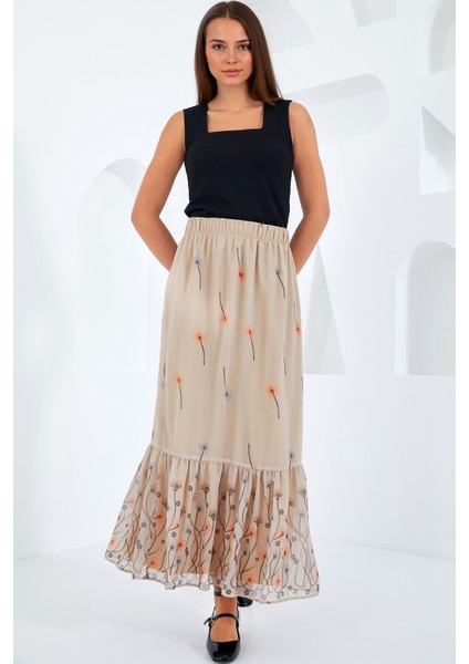 Kadın BDART Çiçek Desenli Maxi Etek Natural