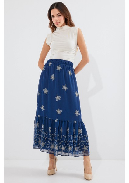 Kadın BDART Çiçek Desenli Maxi Etek Lacivert