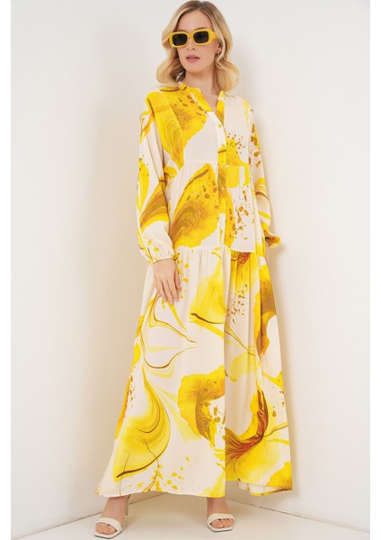 Kadın BDART Düğmeli V-Yaka Desenli Maxi Elbise Limon Sarısı