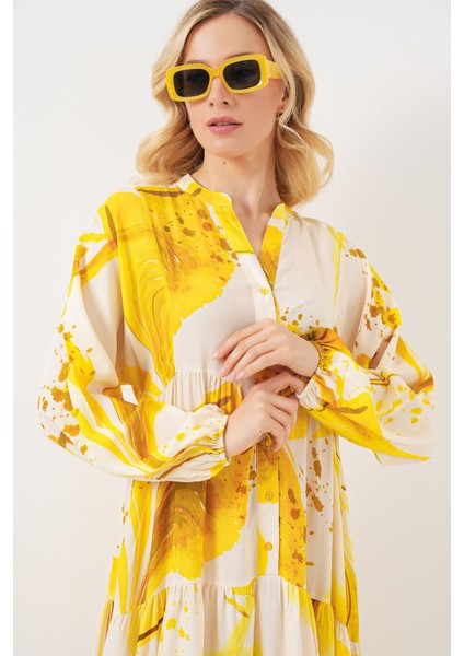 Kadın BDART Düğmeli V-Yaka Desenli Maxi Elbise Limon Sarısı modelleri