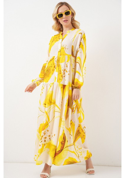 Kadın BDART Düğmeli V-Yaka Desenli Maxi Elbise Limon Sarısı fırsatları