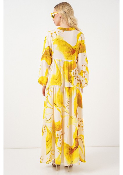 Kadın BDART Düğmeli V-Yaka Desenli Maxi Elbise Limon Sarısı