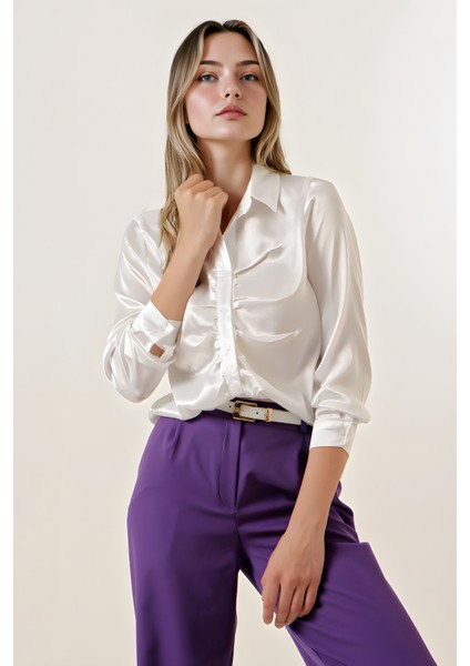 Kadın BDART Astarlı Kıvrık Düğmeli Saten Gömlek Beyaz