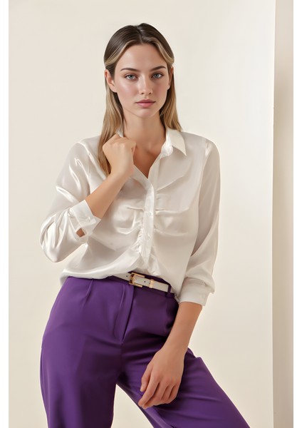 Kadın BDART Astarlı Kıvrık Düğmeli Saten Gömlek Beyaz fiyatları