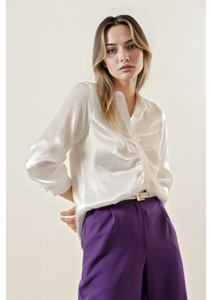 Kadın BDART Astarlı Kıvrık Düğmeli Saten Gömlek Beyaz modelleri