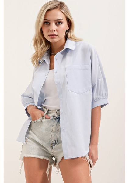 Kadın BDART Cep Detaylı Bol Poplin Gömlek Blue