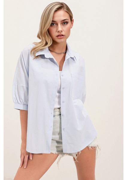 Kadın BDART Cep Detaylı Bol Poplin Gömlek Blue fırsatları