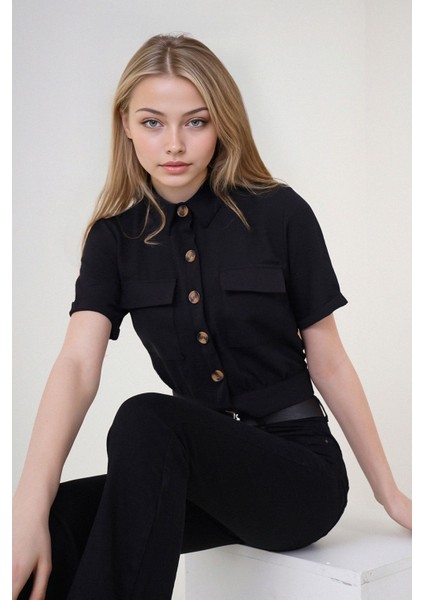 Kadın BDART Düğmeli, Çizgili, Kısa Kaban, Gömlek Yaka Black fiyatları