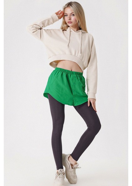 Kadın BDART Butonlu Kapüşonlu Rahat Kesim Crop Hoodie Green