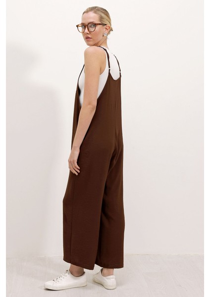 Kadın BDART Rahat Kesim Kare Yaka Geniş Paça Tulum Brown fırsatları