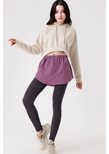 Kadın BDART Butonlu Kapüşonlu Rahat Kesim Crop Hoodie Purple