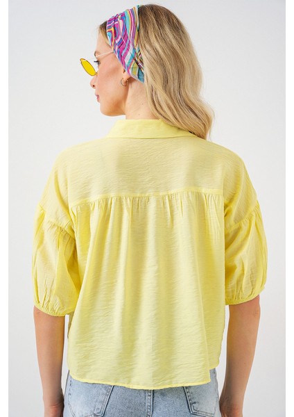 Kadın BDART Bol Kesim Düğmeli Kısa Gömlek Limon Sarısı