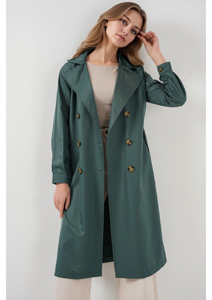 Kadın BDART Düğmeli Kruvaze Yaka Uzun Trençkot Zümrüt Yeşili fiyatları