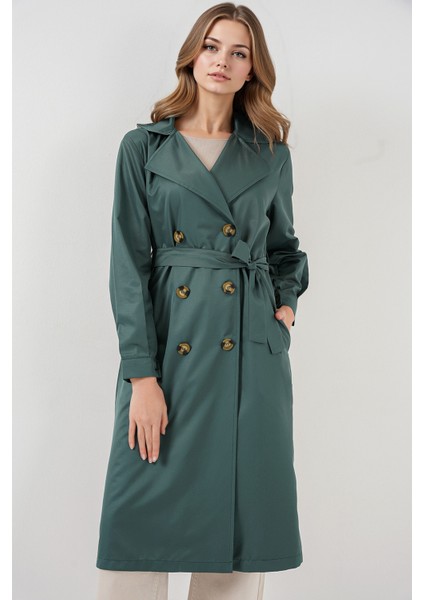 Kadın BDART Düğmeli Kruvaze Yaka Uzun Trençkot Zümrüt Yeşili fırsatları