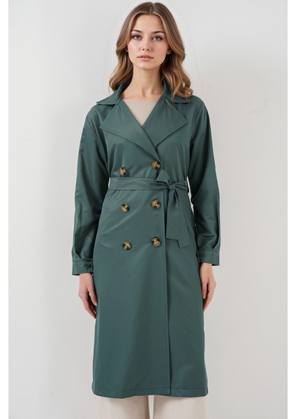 Kadın BDART Düğmeli Kruvaze Yaka Uzun Trençkot Zümrüt Yeşili indirimleri