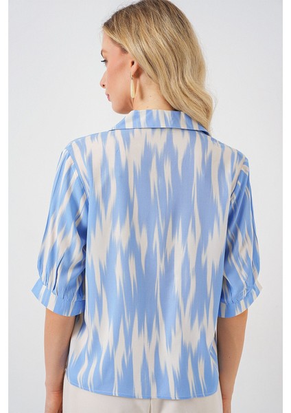Kadın BDART Düğmeli Desenli Kısa Gömlek Maya Mavisi