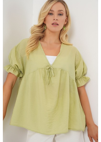 Kadın BDART Kemerli V Yaka Düğmeli Bluz Green
