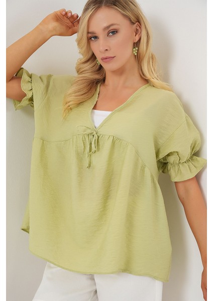 Kadın BDART Kemerli V Yaka Düğmeli Bluz Green modelleri