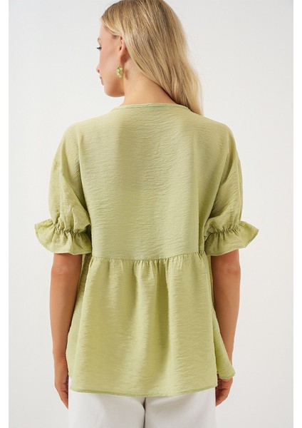 Kadın BDART Kemerli V Yaka Düğmeli Bluz Green