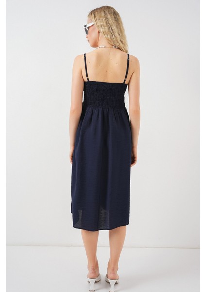 Kadın BDART Kare Yaka Dokulu Midi Elbise Lacivert