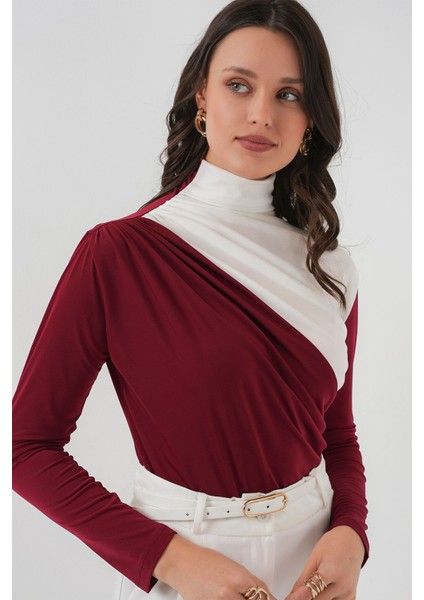 Kadın BDART Fırfırlı Renk Bloklu Yüksek Yaka Bluz Bordo Kırmızı fırsatları