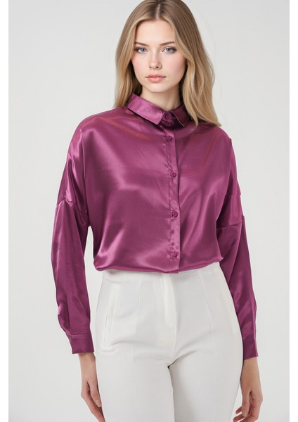 Kadın BDART Düğmeli Oversize Saten Gömlek Lila Mor modelleri