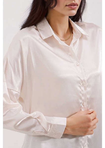Kadın BDART Düğmeli Oversize Saten Gömlek Natural fırsatları