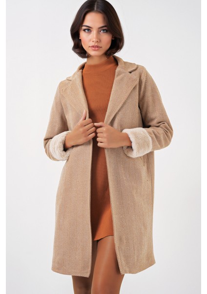 Kadın BDART Düğmeli Çift Cepli Uzun Kaşe Kaban Deve Kahvesi