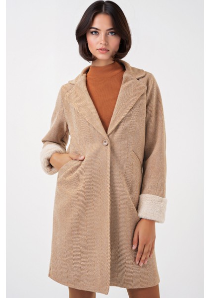 Kadın BDART Düğmeli Çift Cepli Uzun Kaşe Kaban Deve Kahvesi fiyatları