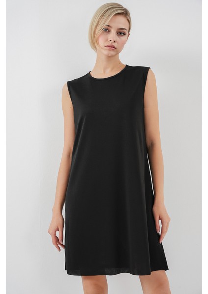 Kadın BDART Bol Kesim Midi Elbise, Düz Yakalı Siyah